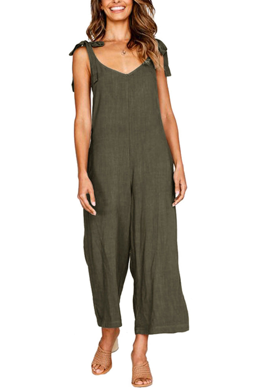 Tie-straps Backless Pocketed Cotton Jumpsuits Black · 2XL