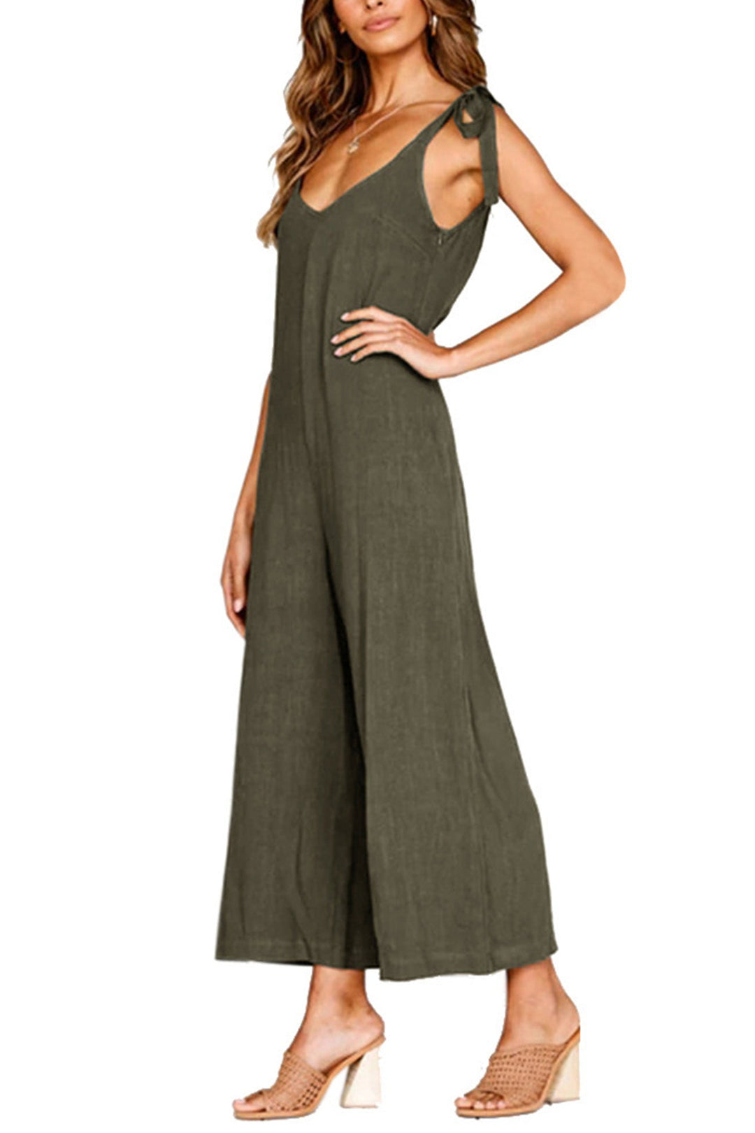 Tie-straps Backless Pocketed Cotton Jumpsuits Black · 3XL