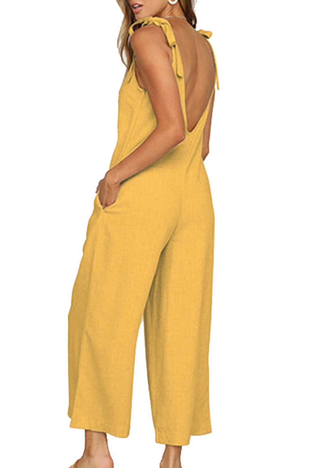 Tie-straps Backless Pocketed Cotton Jumpsuits Yellow · S