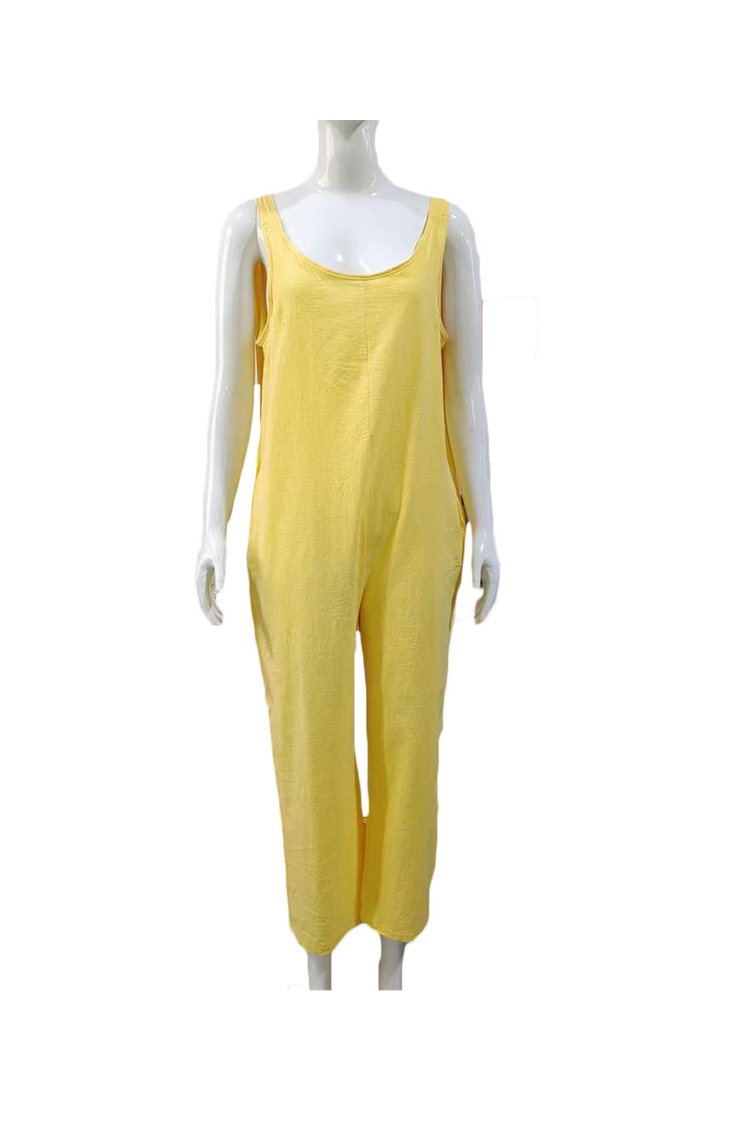 Tie-straps Backless Pocketed Cotton Jumpsuits Yellow · XL