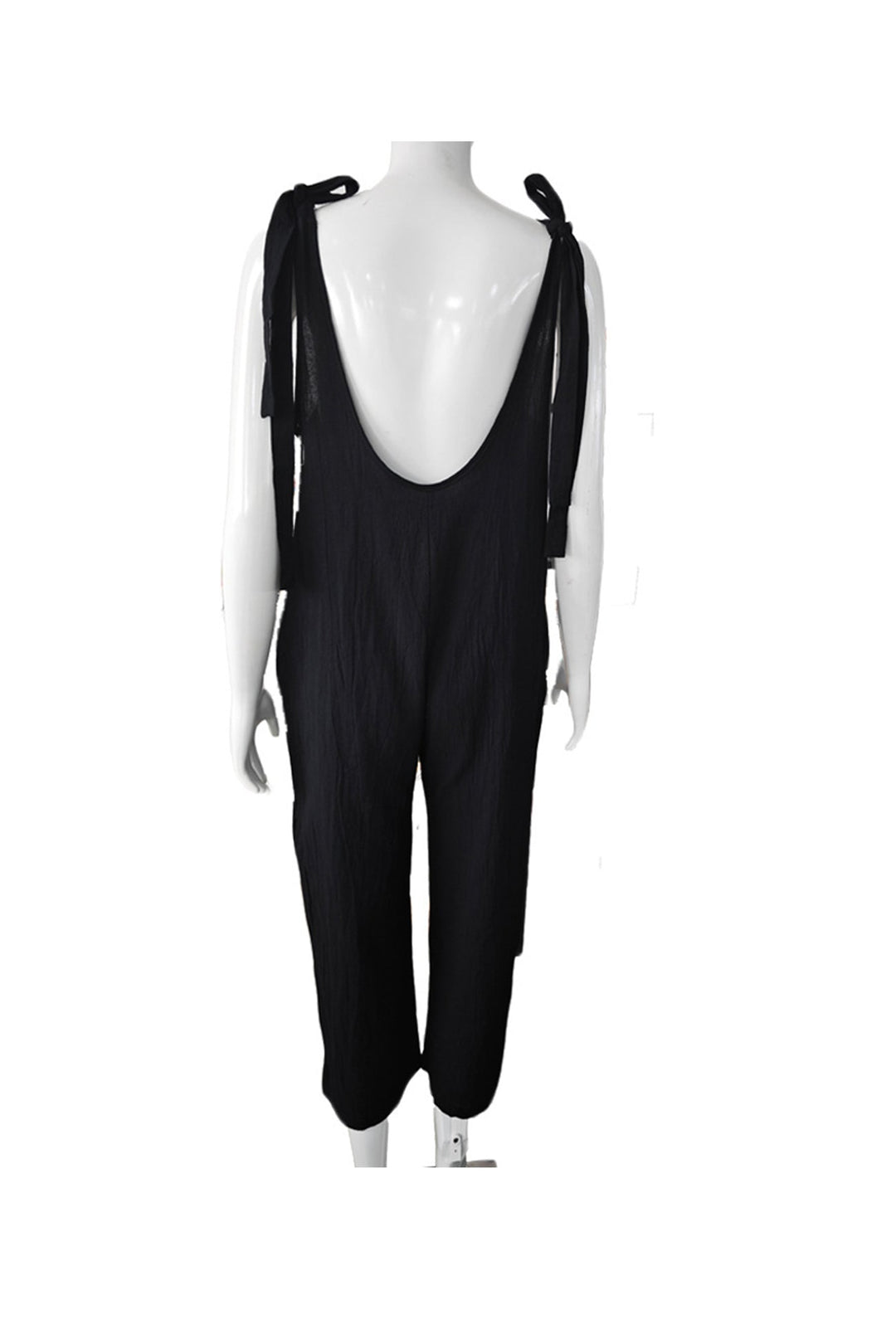 Tie-straps Backless Pocketed Cotton Jumpsuits Black · L