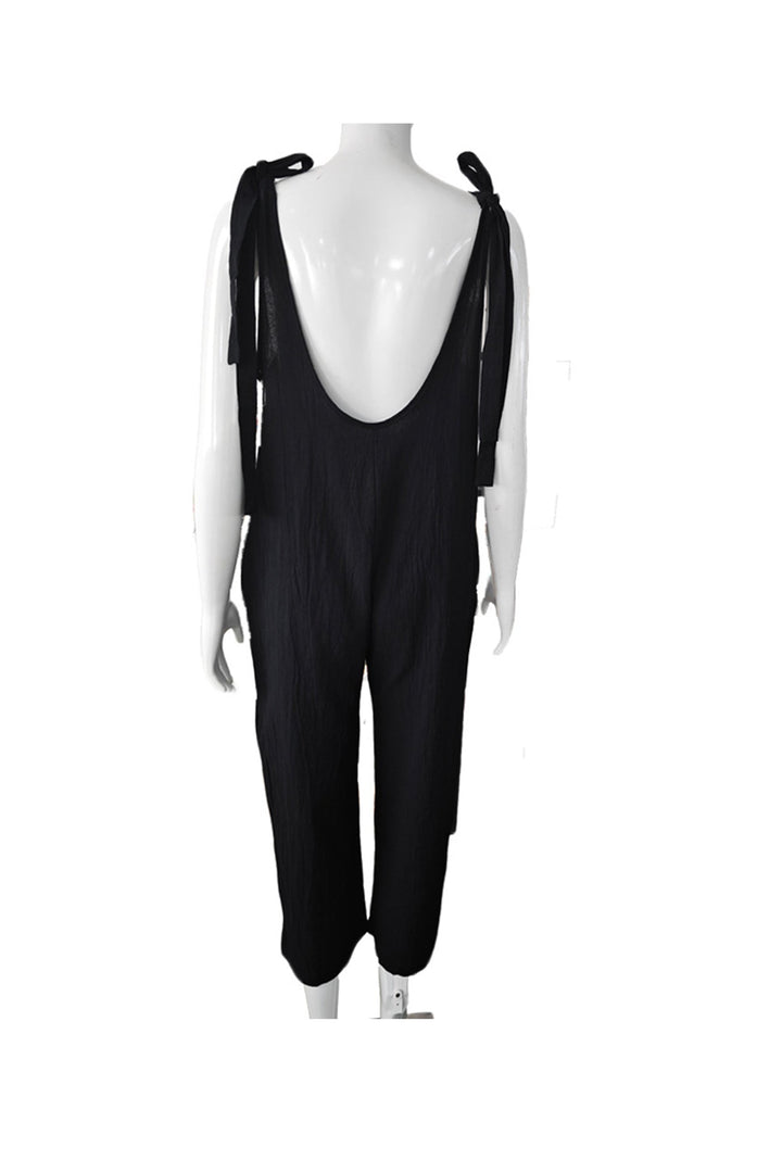 Tie-straps Backless Pocketed Cotton Jumpsuits Black · L