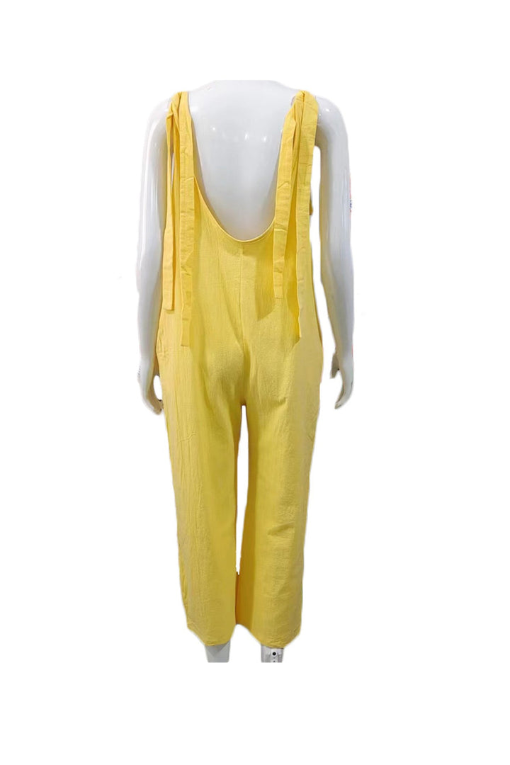 Tie-straps Backless Pocketed Cotton Jumpsuits Yellow · 2XL