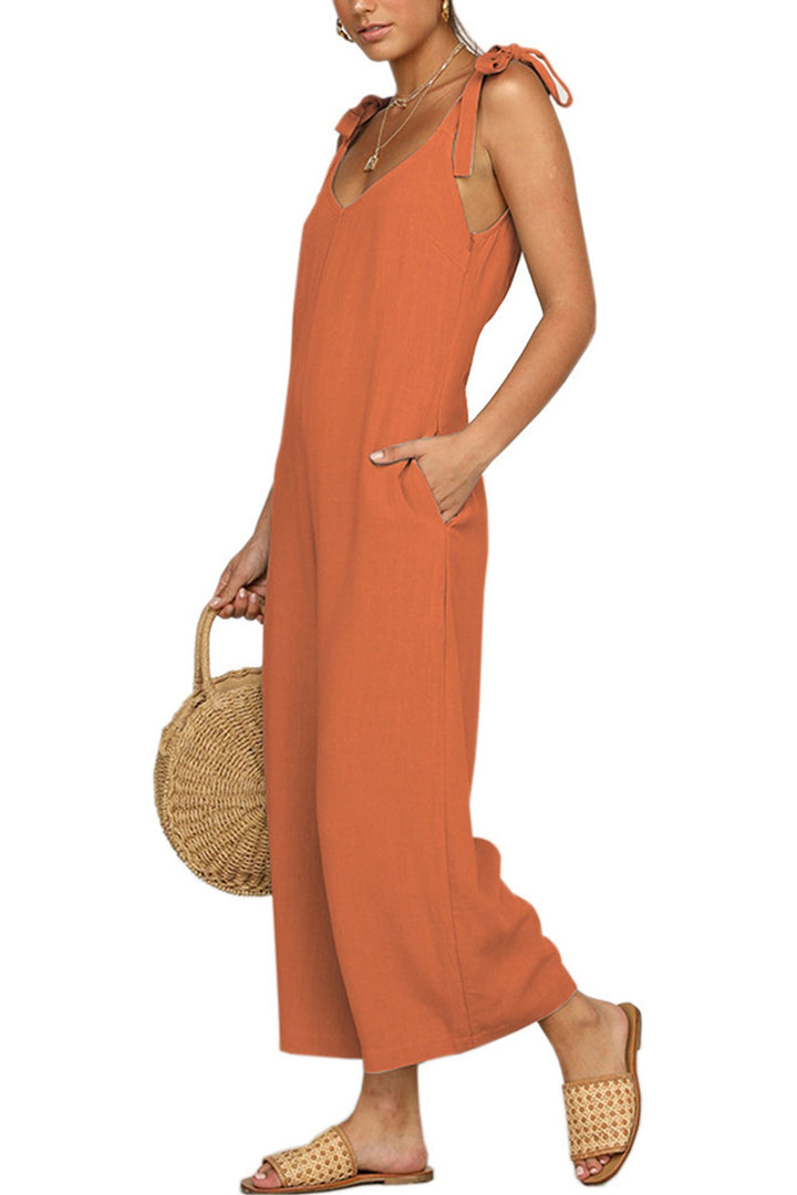Tie-straps Backless Pocketed Cotton Jumpsuits Orange · S