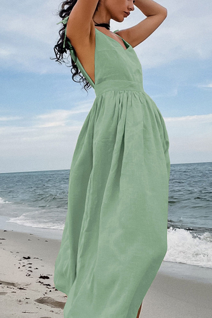Tie-straps High Waist Backless Cotton Dress Green · S