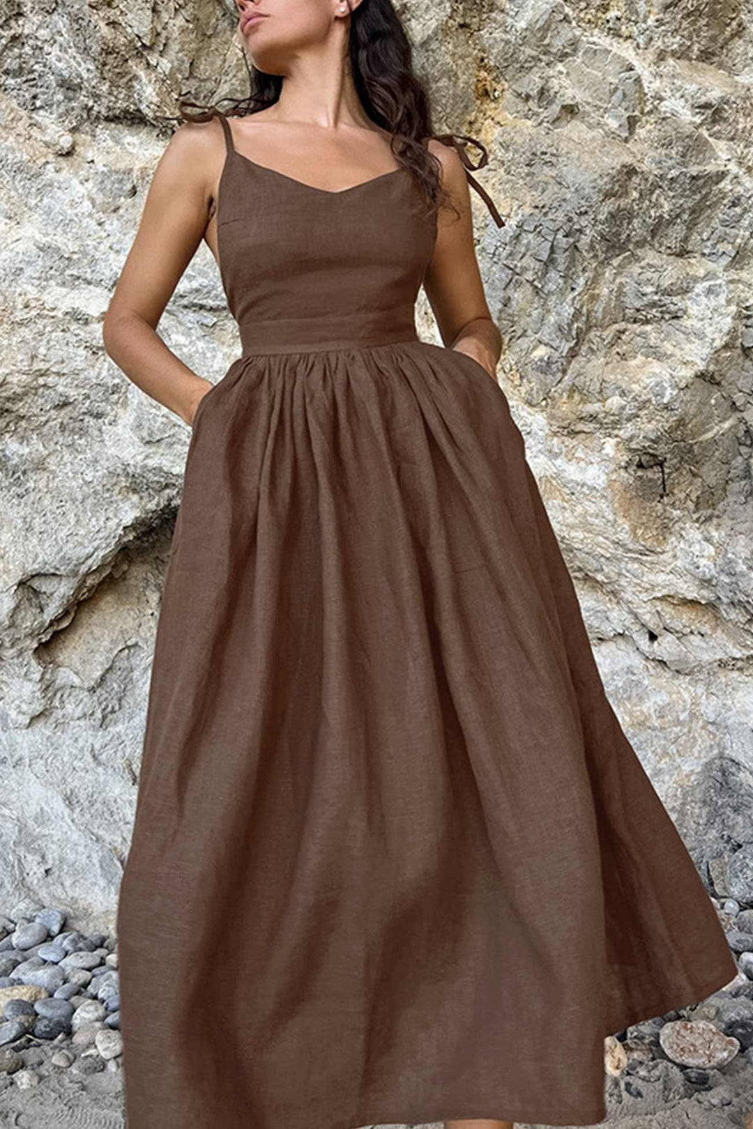 Tie-straps High Waist Backless Cotton Dress Brown · S