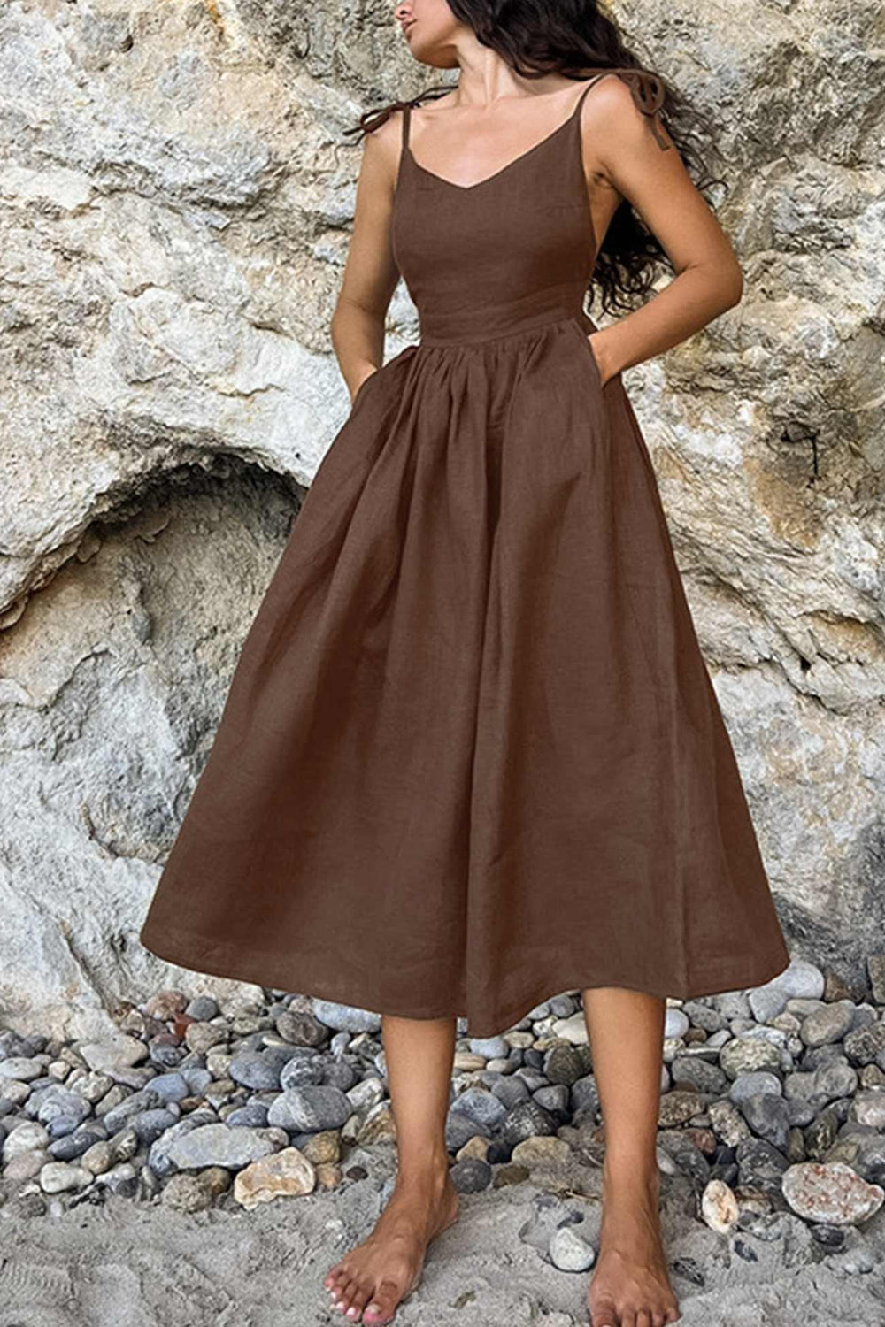 Tie-straps High Waist Backless Cotton Dress Green · M