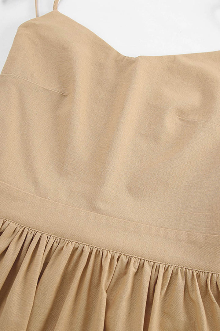 Tie-straps High Waist Backless Cotton Dress Khaki · M