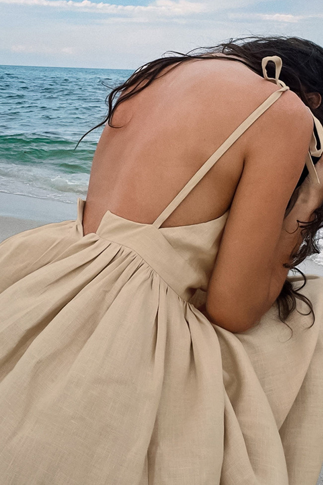 Tie-straps High Waist Backless Cotton Dress Brown · L