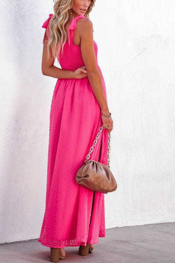 Tie-straps Smocked Slit Jacqard Chiffon Dress Purple · L