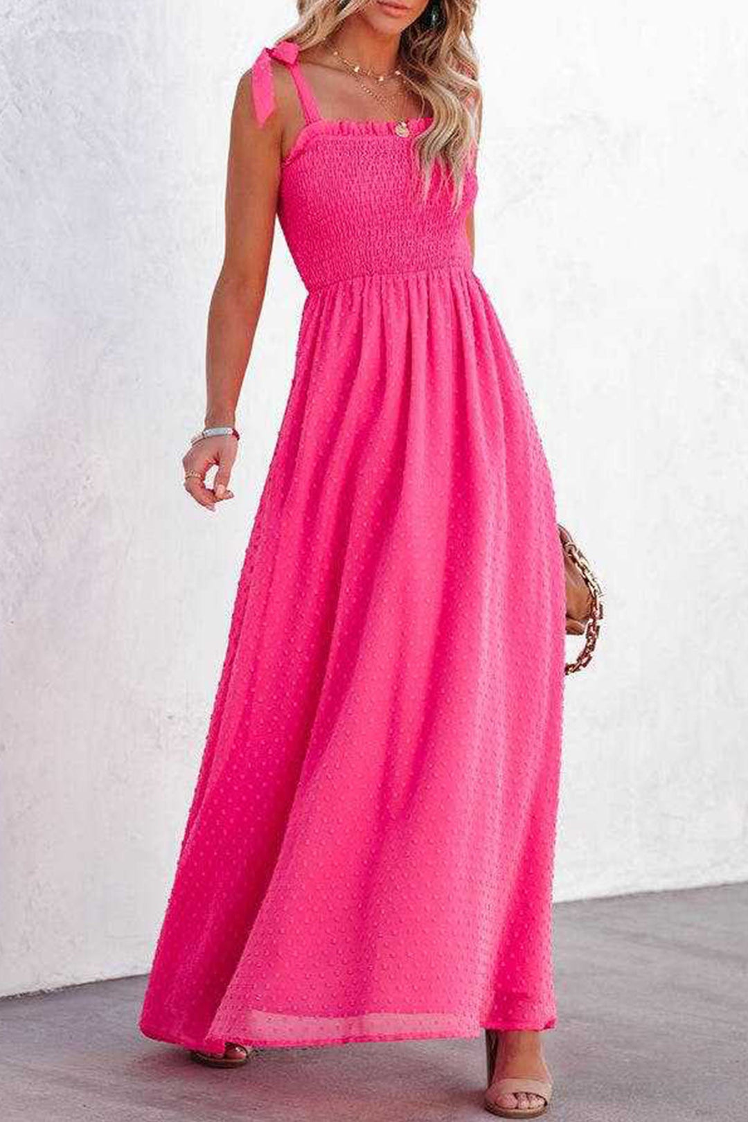 Tie-straps Smocked Slit Jacqard Chiffon Dress Purple · XL