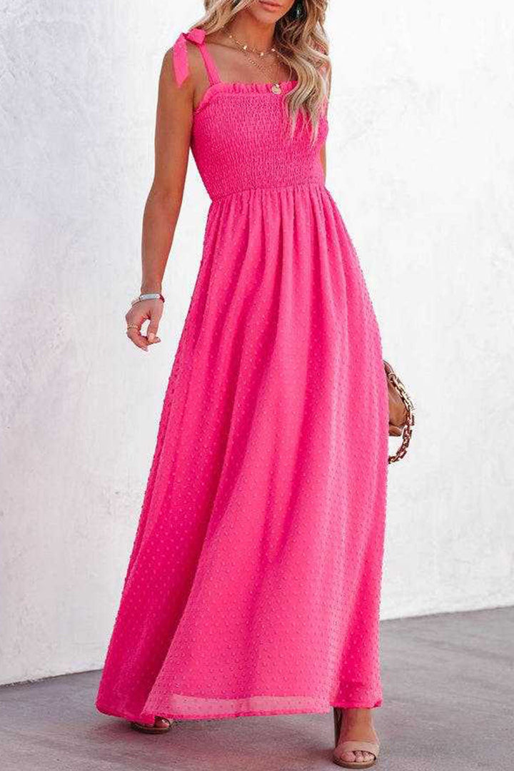 Tie-straps Smocked Slit Jacqard Chiffon Dress Purple · XL