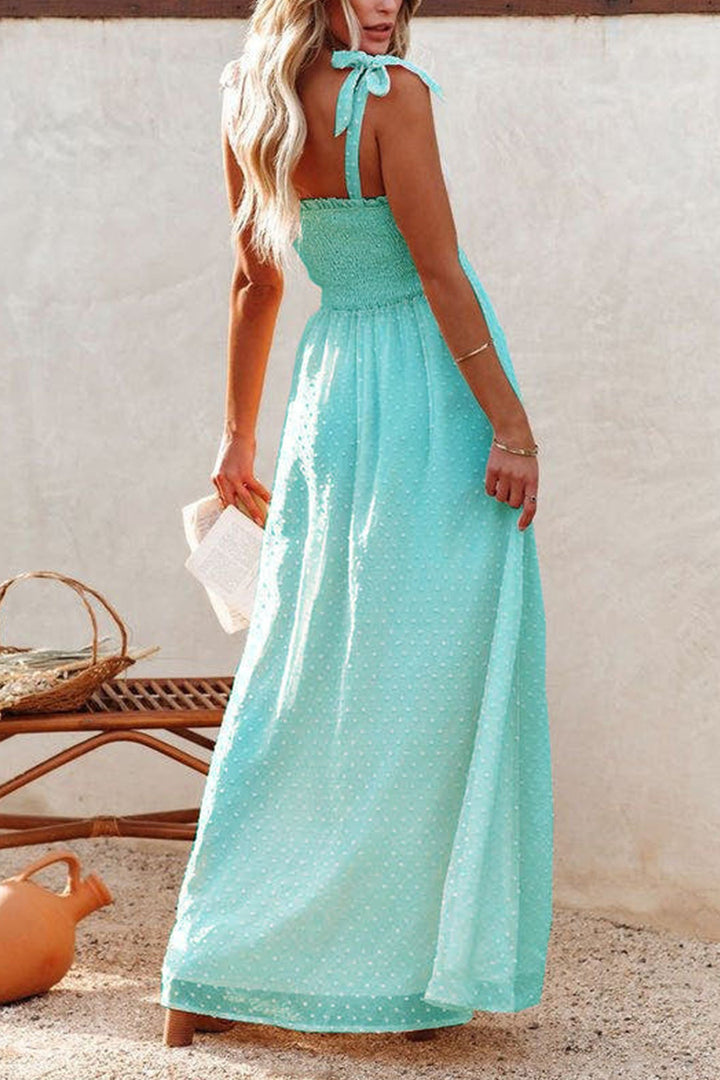 Tie-straps Smocked Slit Jacqard Chiffon Dress Lake Blue · M