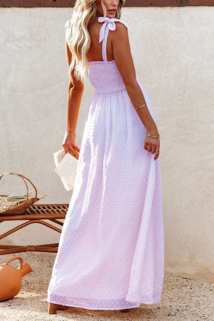 Tie-straps Smocked Slit Jacqard Chiffon Dress Purple · S