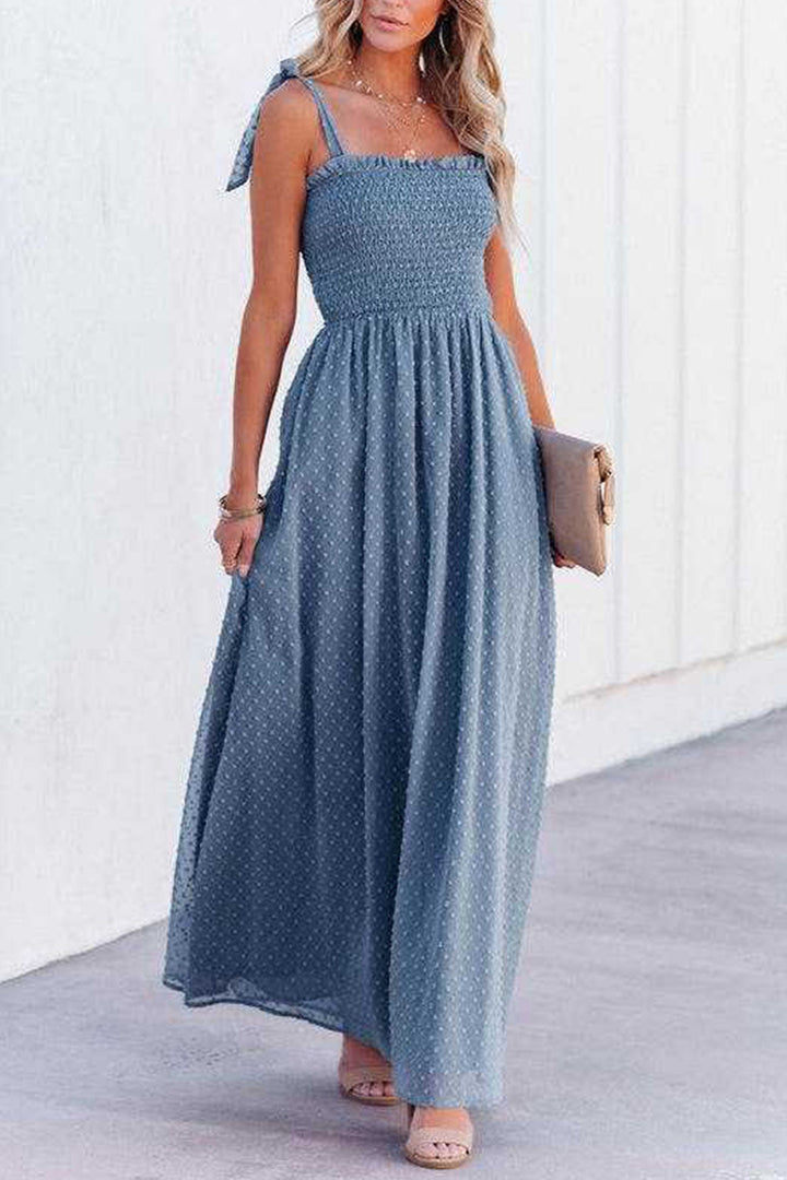 Tie-straps Smocked Slit Jacqard Chiffon Dress Navy Blue · M