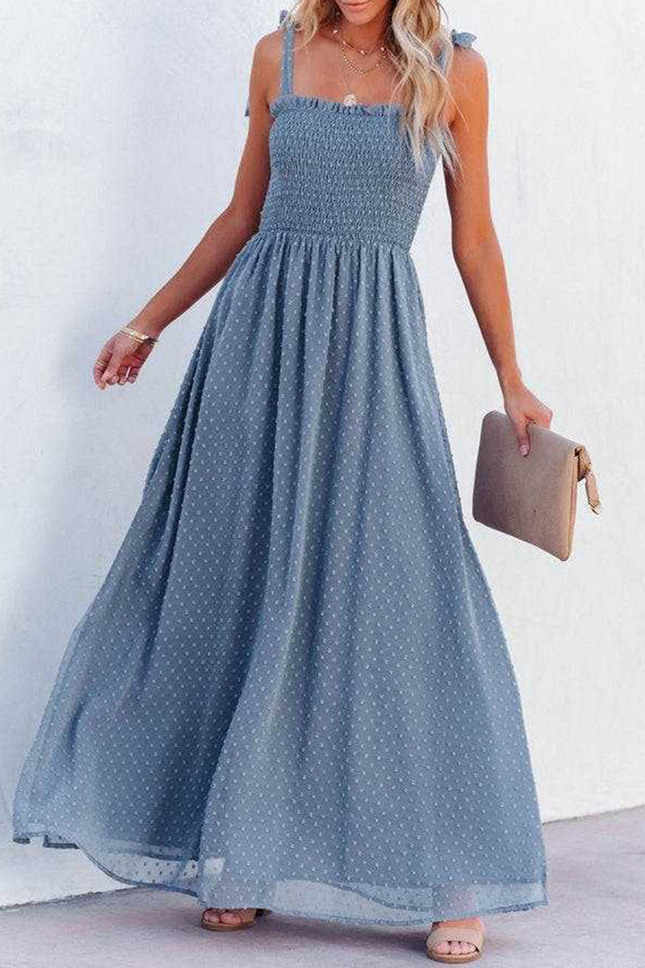 Tie-straps Smocked Slit Jacqard Chiffon Dress Rose · L