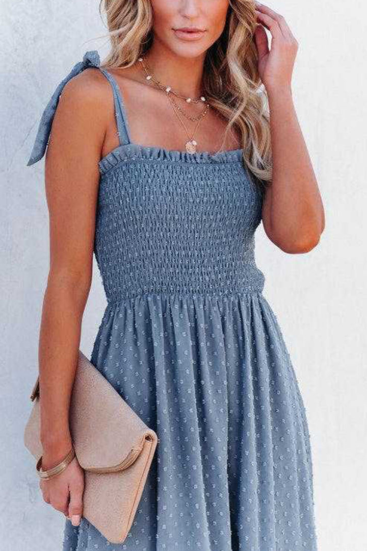 Tie-straps Smocked Slit Jacqard Chiffon Dress Navy Blue · L