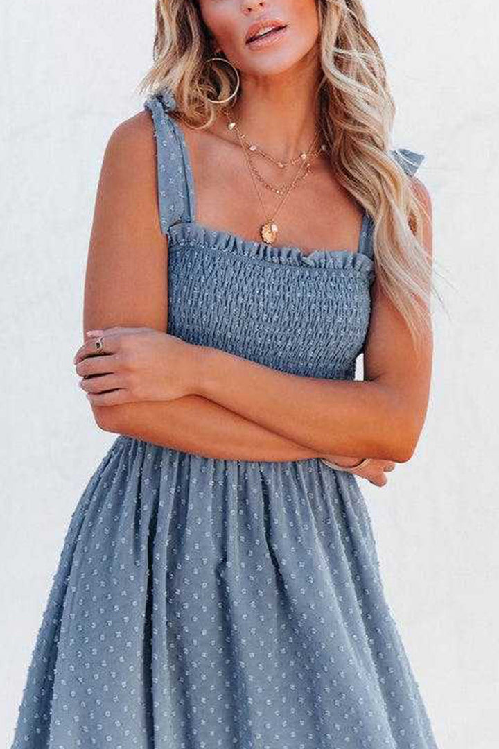 Tie-straps Smocked Slit Jacqard Chiffon Dress Navy Blue · XL
