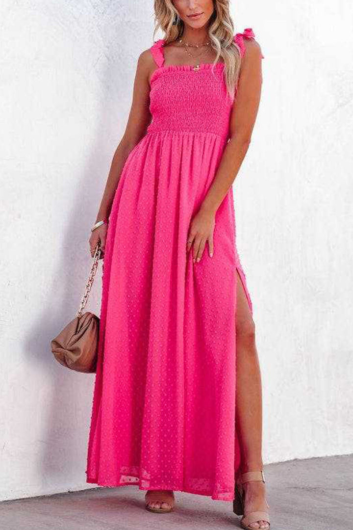 Tie-straps Smocked Slit Jacqard Chiffon Dress Purple · M