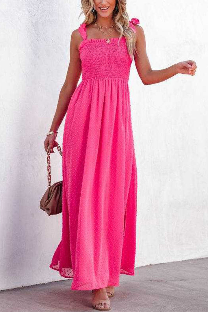 Tie-straps Smocked Slit Jacqard Chiffon Dress Rose · S