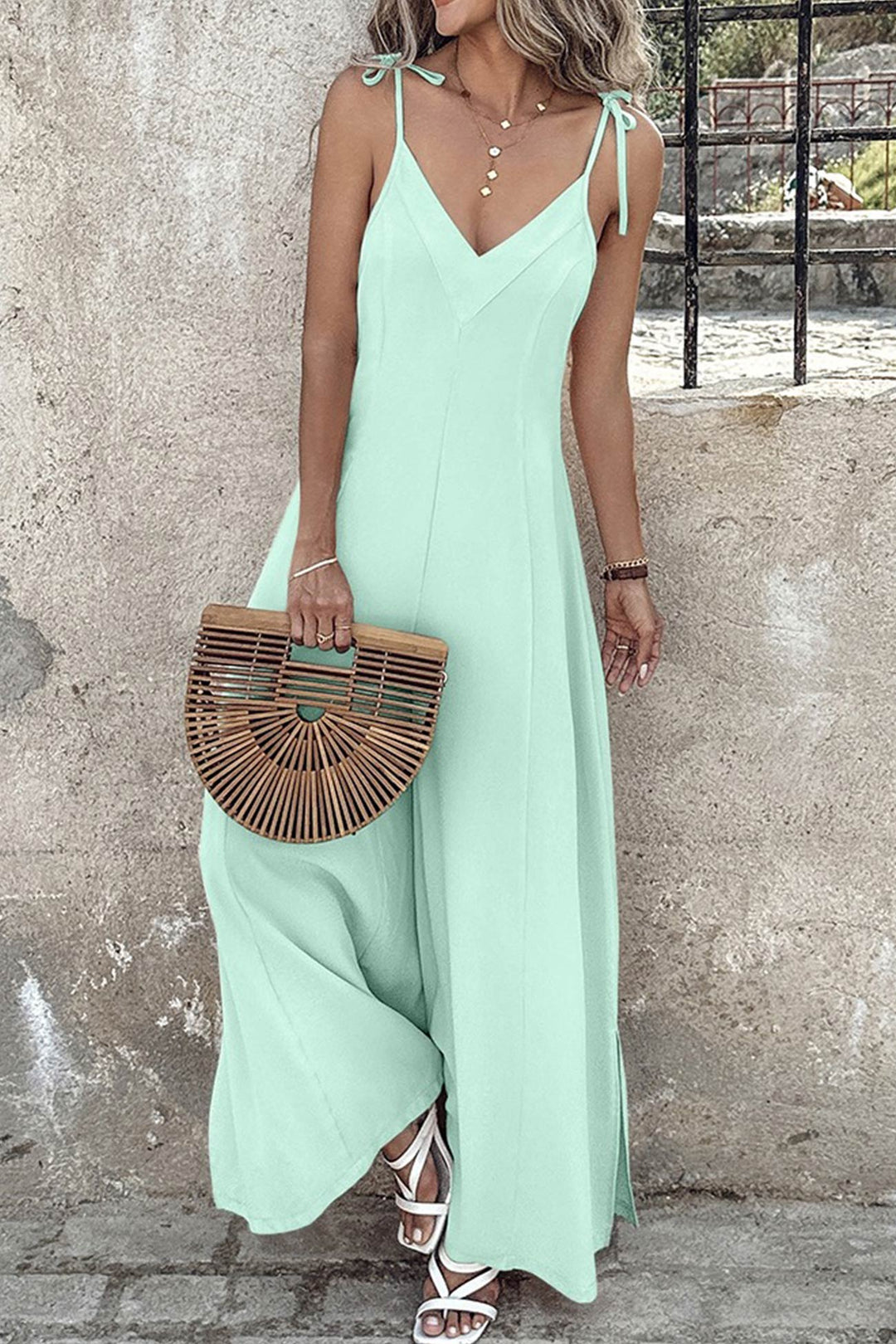 Tie-straps V Neck Slit Wide Leg Jumpsuits Green · S