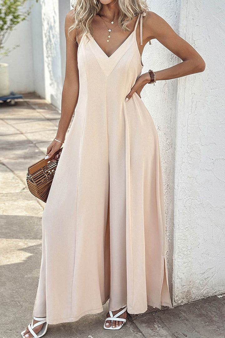 Tie-straps V Neck Slit Wide Leg Jumpsuits Apricot · XL