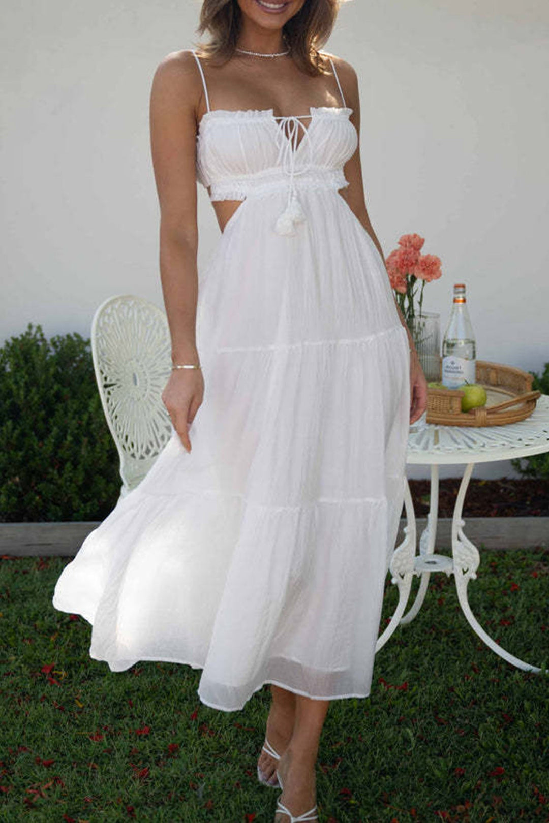 Tie-up Cutout Tiered Cami Dress White · L