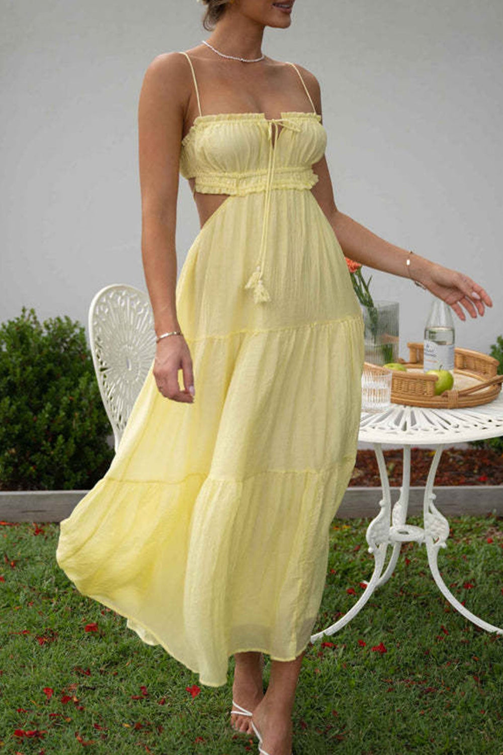 Tie-up Cutout Tiered Cami Dress Yellow · M