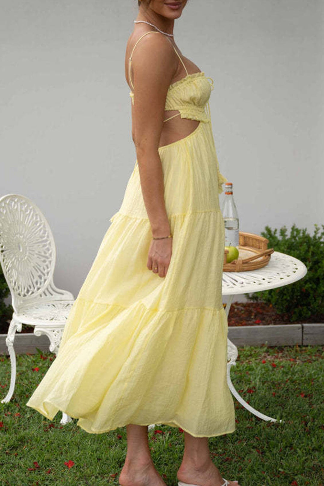 Tie-up Cutout Tiered Cami Dress Yellow · L