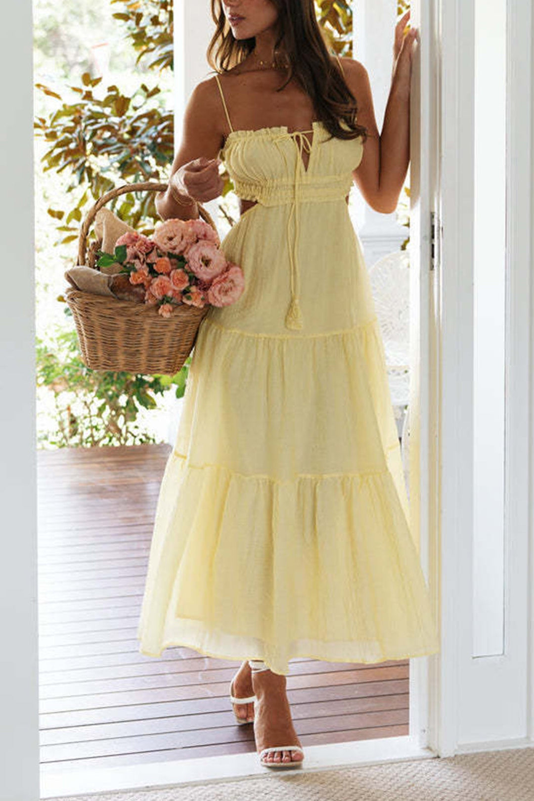 Tie-up Cutout Tiered Cami Dress Yellow · XL