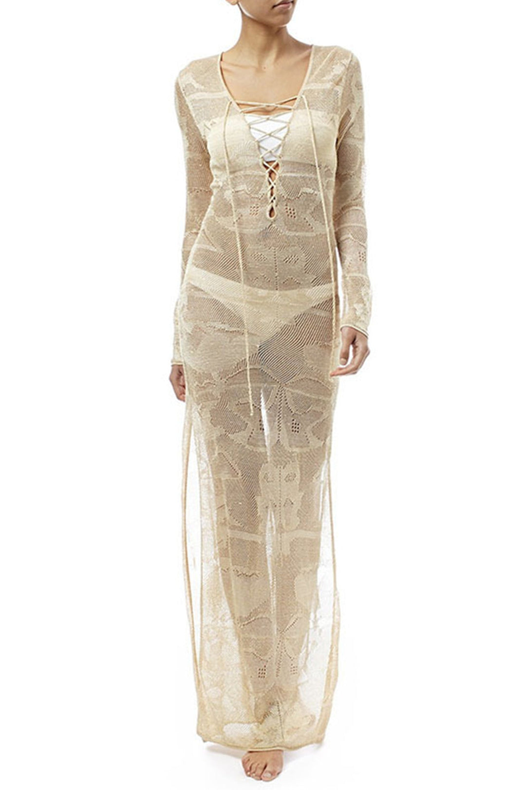 Tie-up Knit Slit Cover-up Dress Beige · One Size