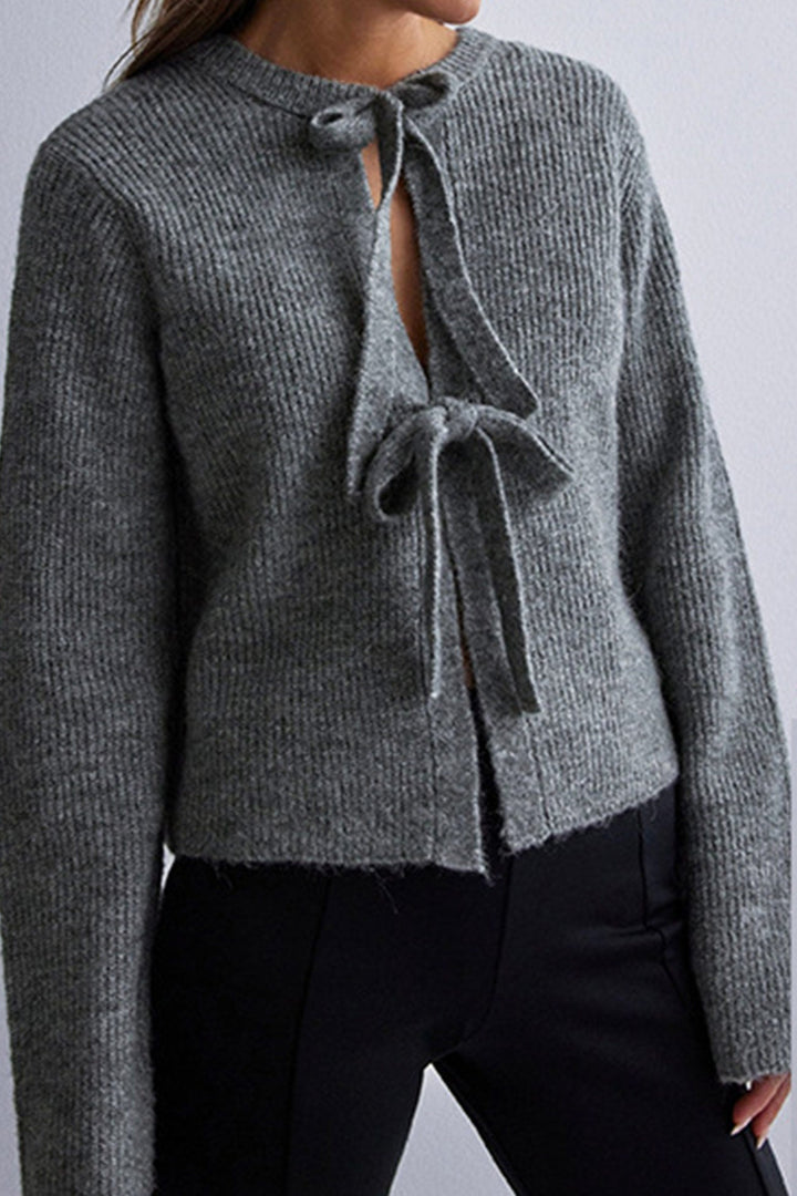 Tie-up Ribbed Knit Short Cardigan Beige · S