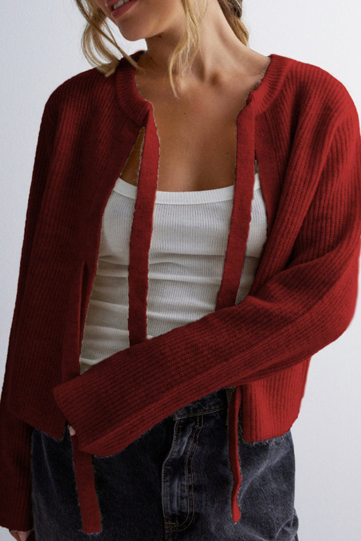 Tie-up Ribbed Knit Short Cardigan Grey · S