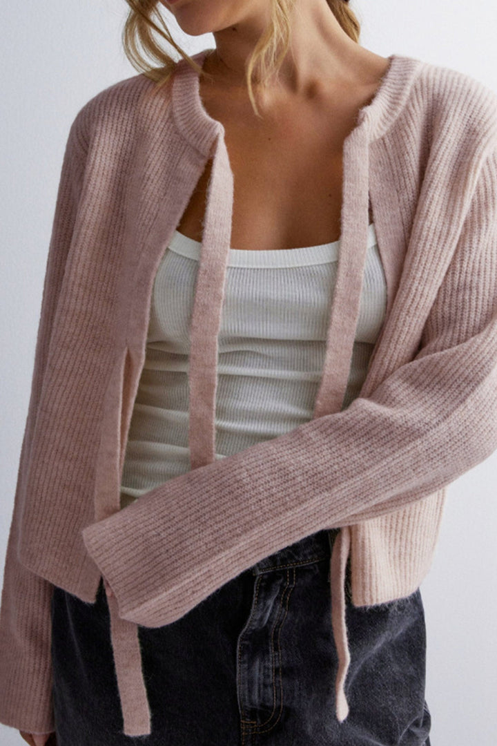Tie-up Ribbed Knit Short Cardigan Beige · L