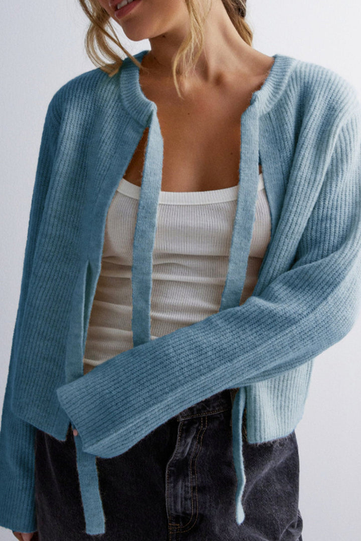 Tie-up Ribbed Knit Short Cardigan Grey · M
