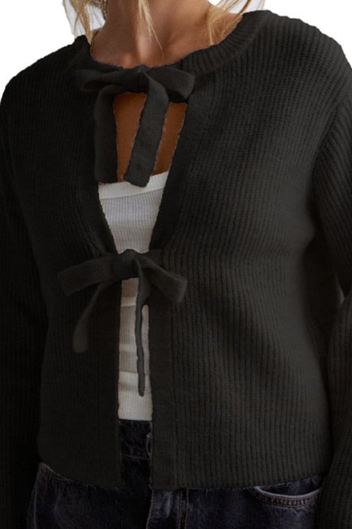 Tie-up Ribbed Knit Short Cardigan Pink · S