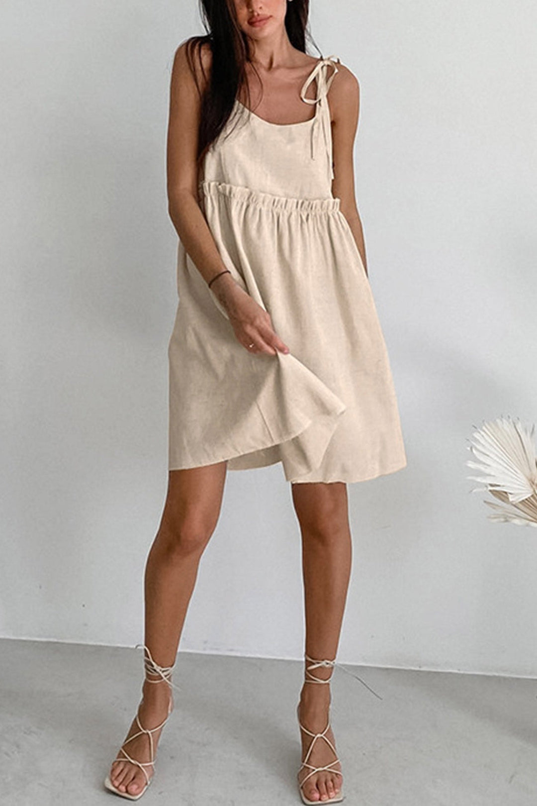 Tie-up Straps Cotton Cami Dress Khaki · L