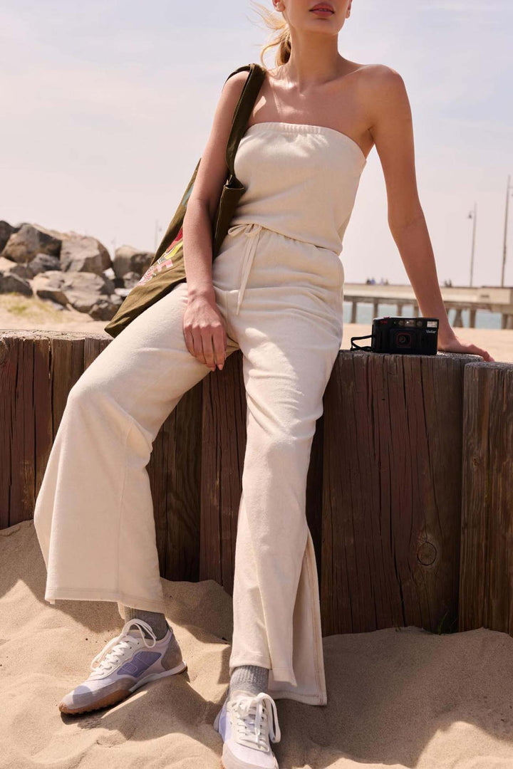 Tube Top Drawstring Slit Long Pant Jumpsuits Beige · S