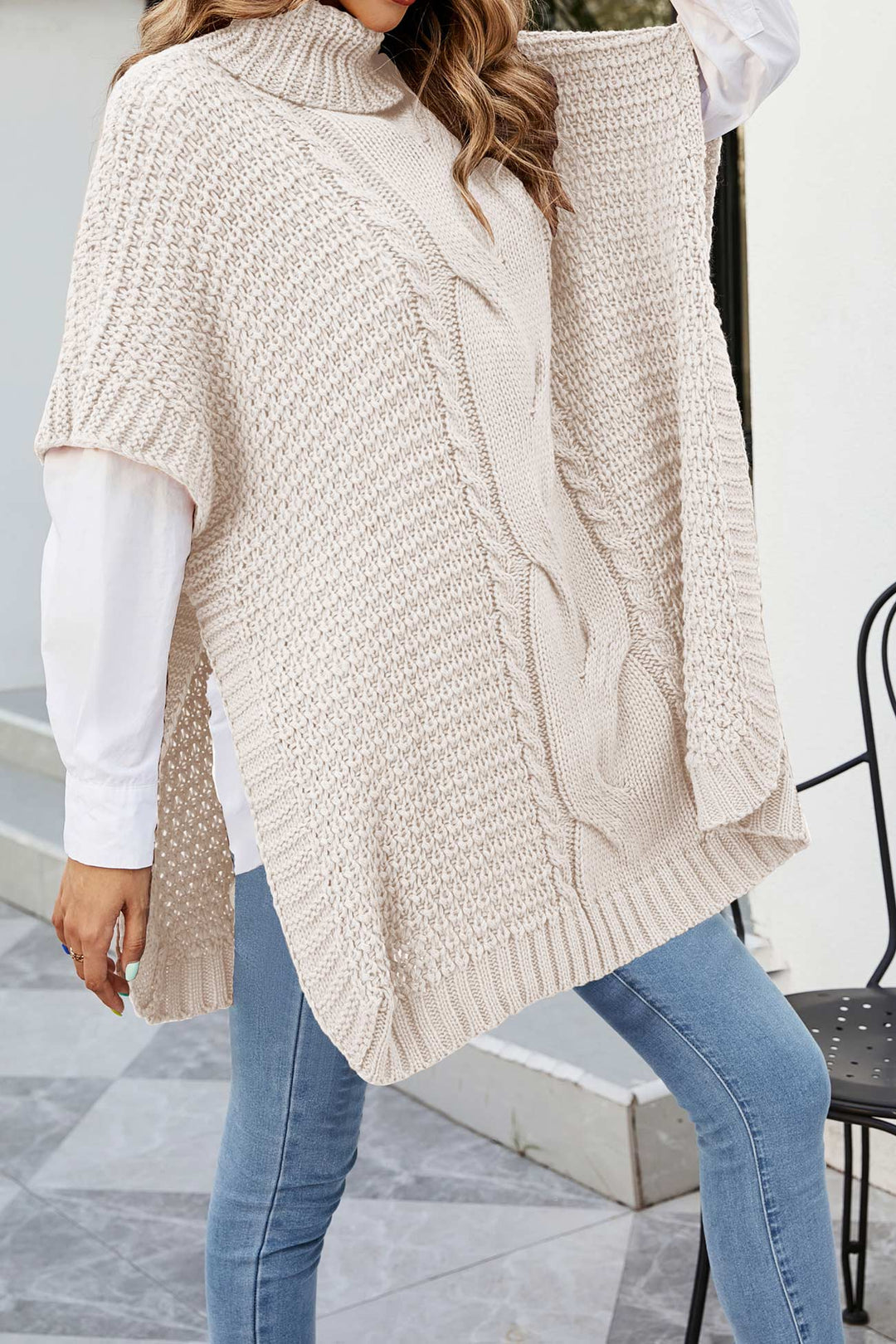 Turtleneck Cable Knit Shawl Sweater Beige · M