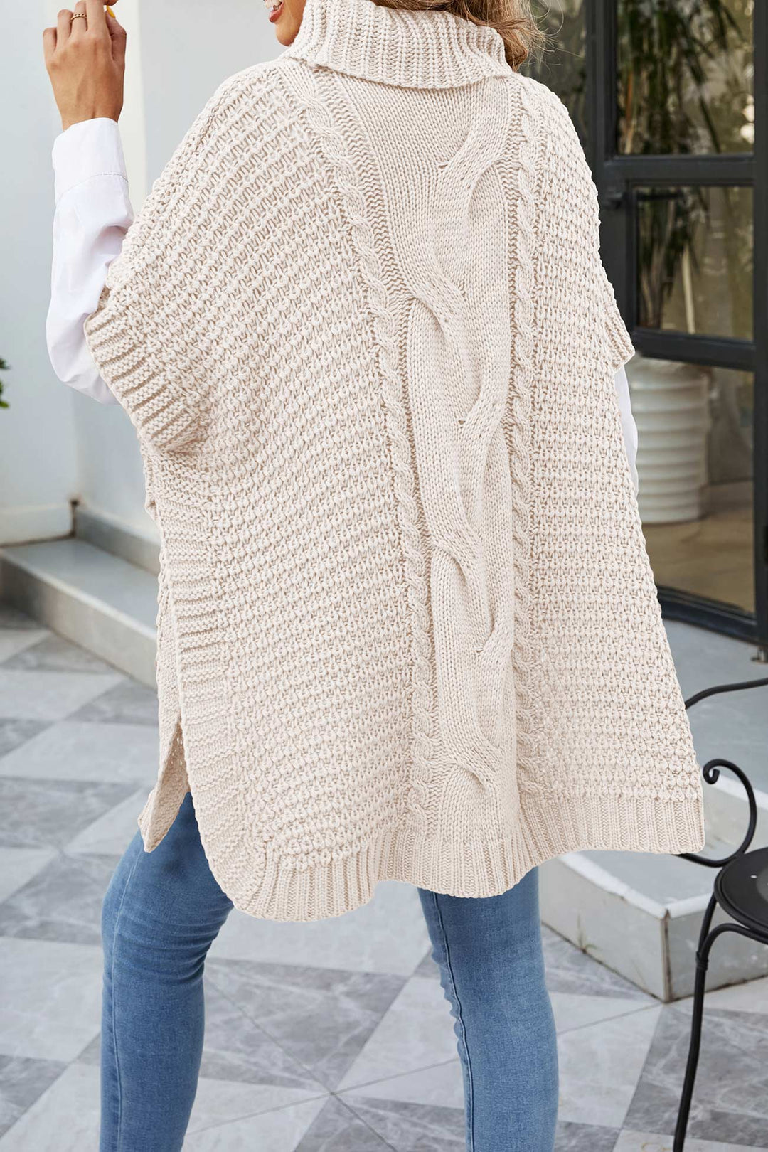 Turtleneck Cable Knit Shawl Sweater Beige · L