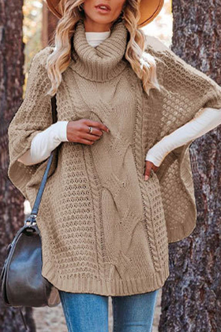 Turtleneck Cable Knit Shawl Sweater Beige · XL