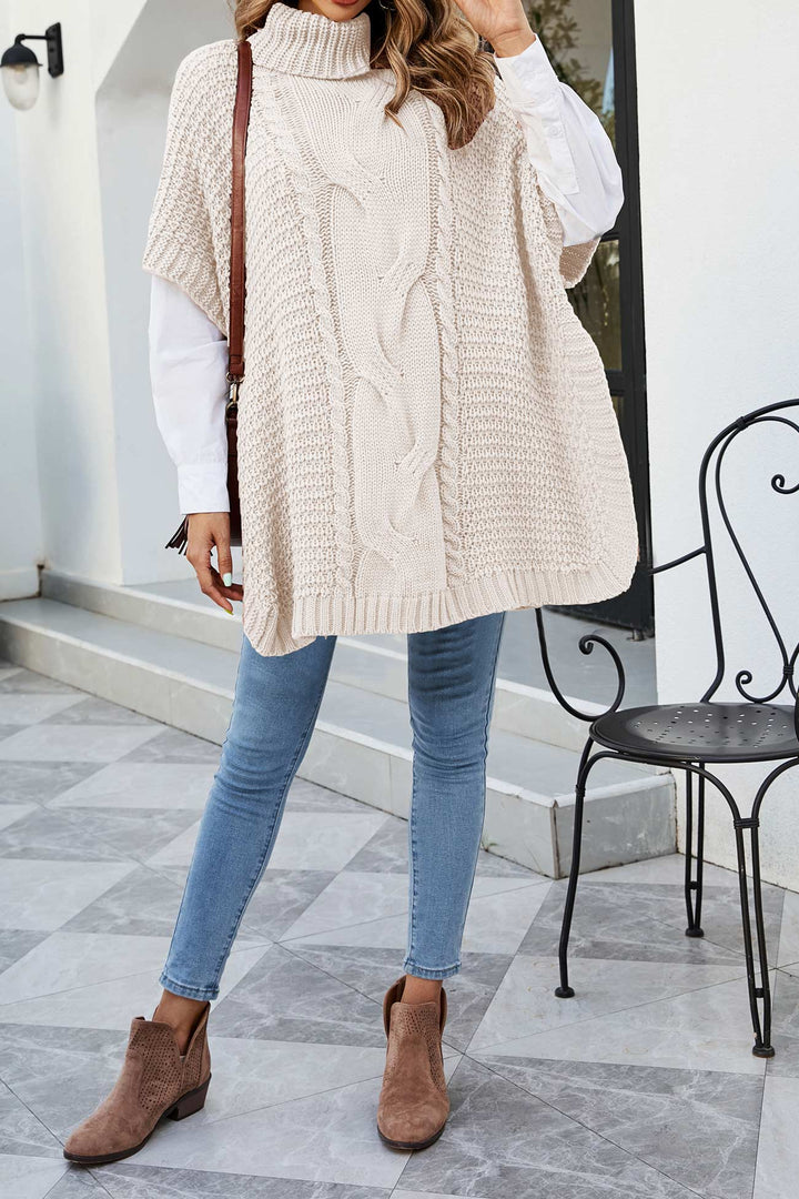 Turtleneck Cable Knit Shawl Sweater Beige · S