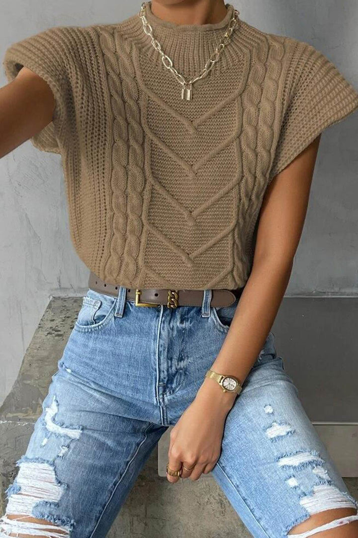 Turtleneck Cable Knit Sweater Vest Khaki · S