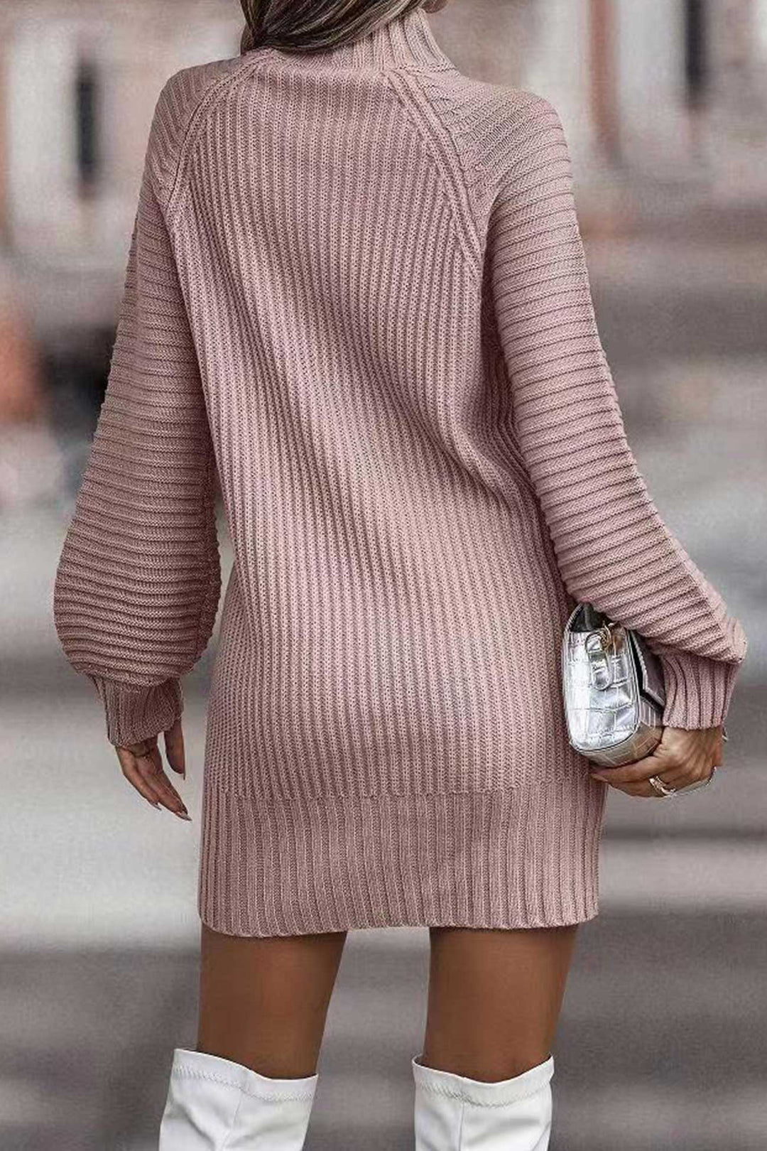 Turtleneck Solid Sweater Dress Pink · M
