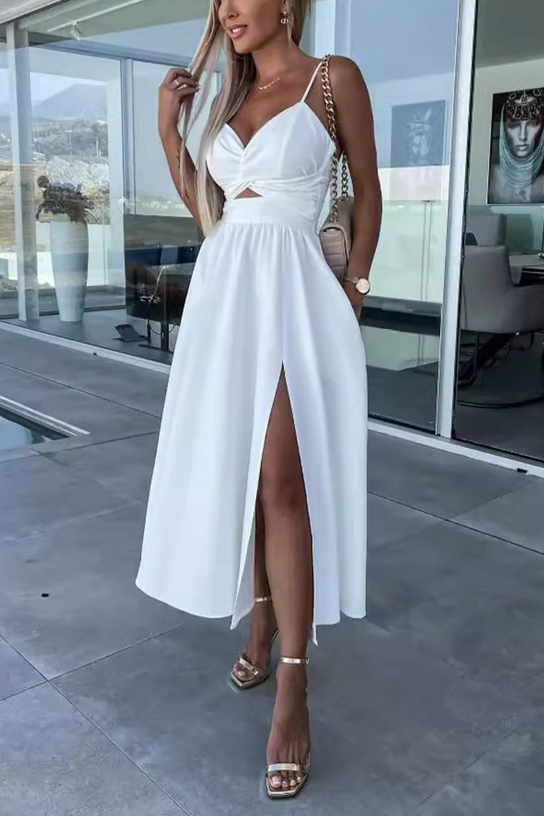 Twisted Cutout Slit Cami Dress Floral · L