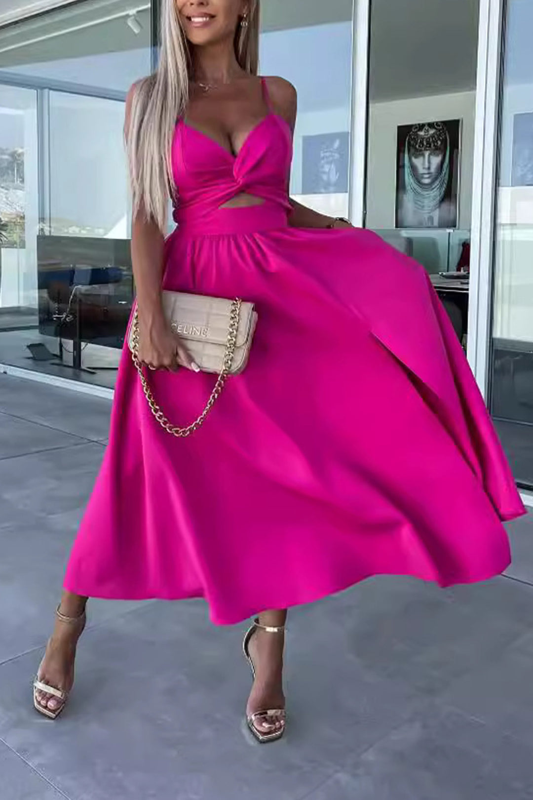 Twisted Cutout Slit Cami Dress Floral · M