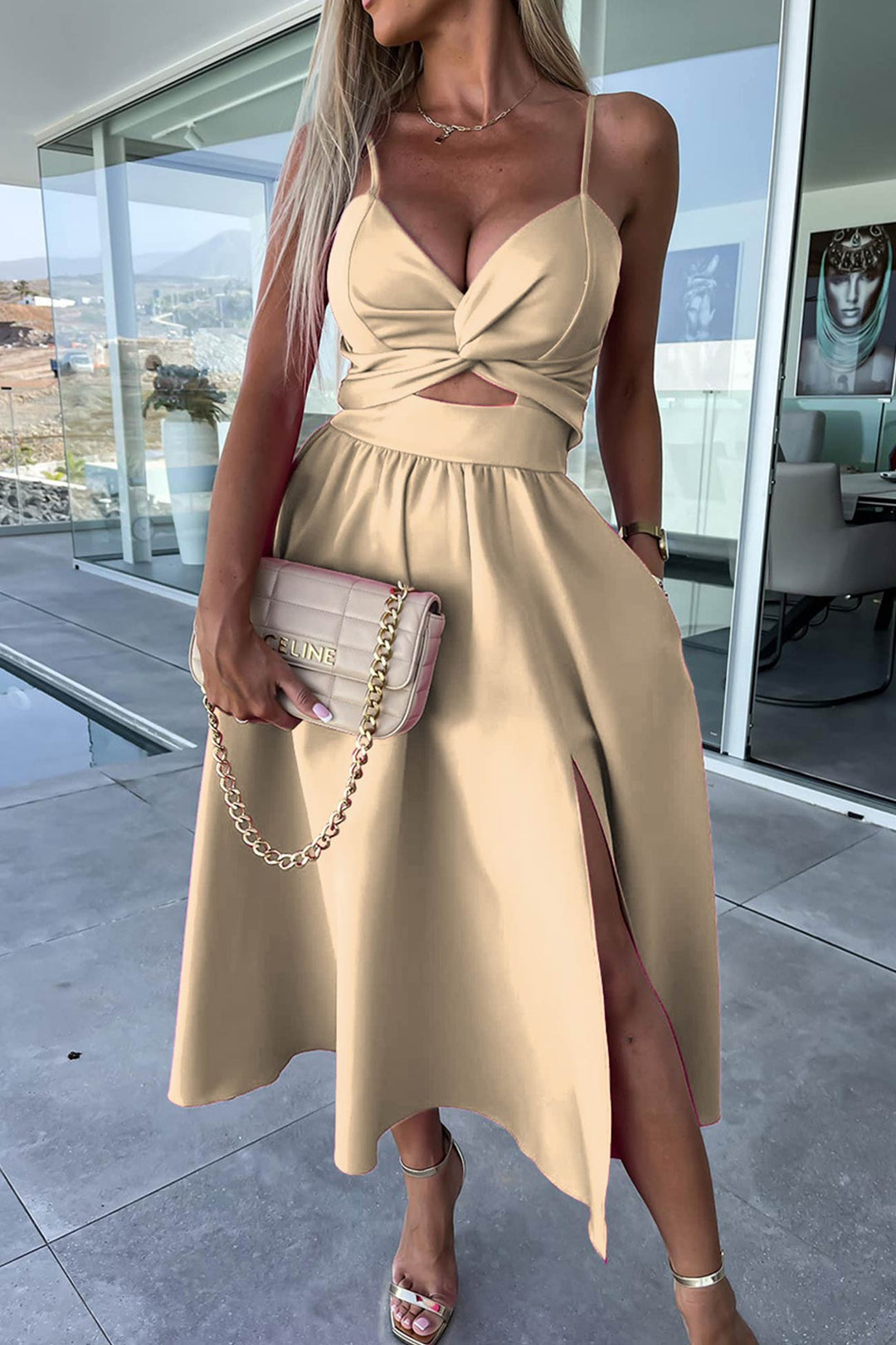 Twisted Cutout Slit Cami Dress White · XL