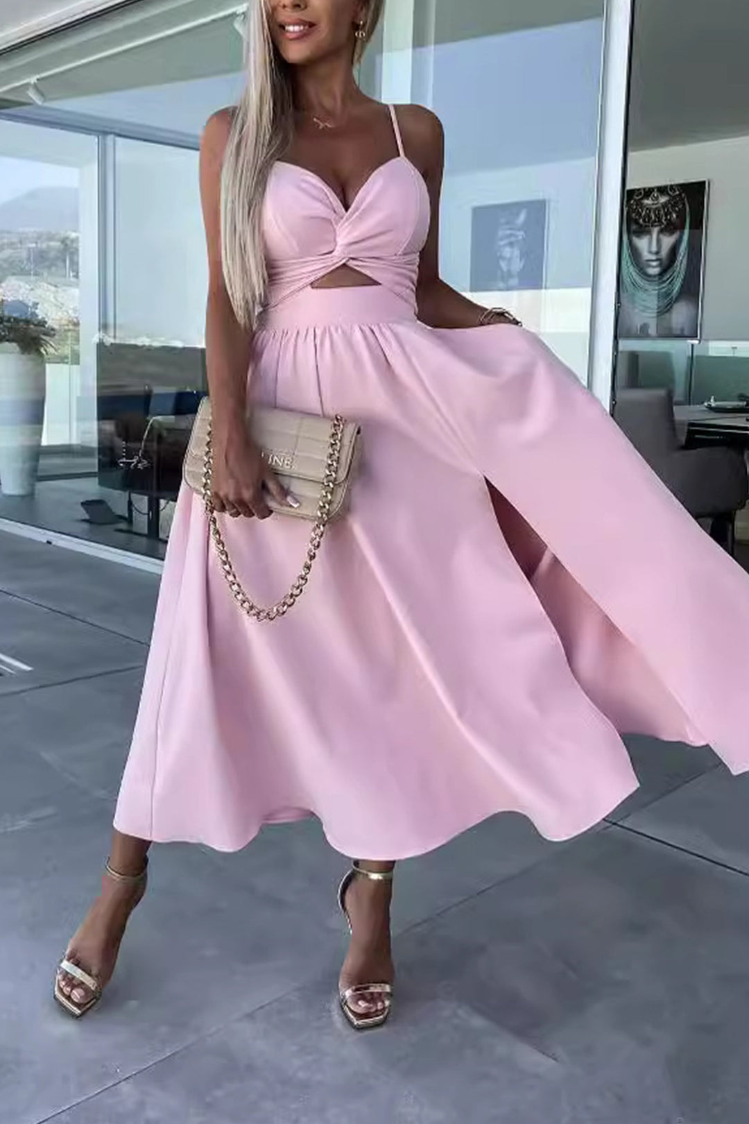 Twisted Cutout Slit Cami Dress Rose · S