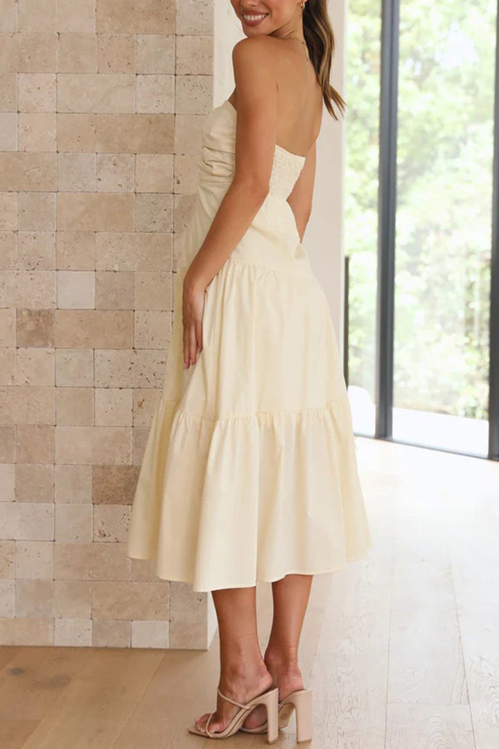 Twisted Cutout Strapless Tiered Dress Beige · S