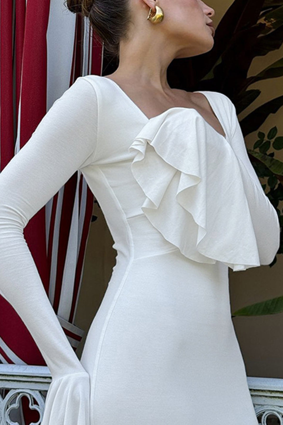 Twisted Flare Sleeve Ruffle Dress White · L